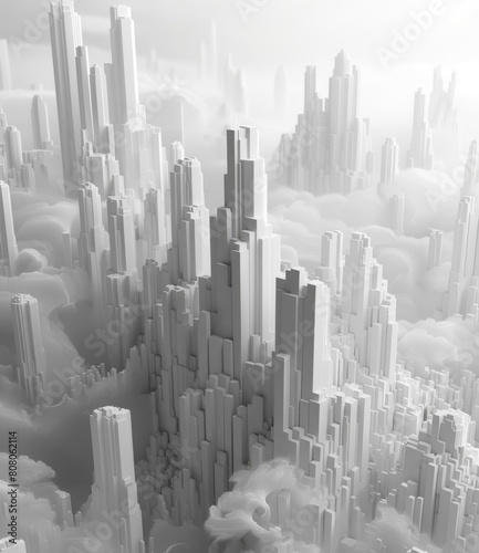 A 3D rendering of a city with tall buildings and clouds