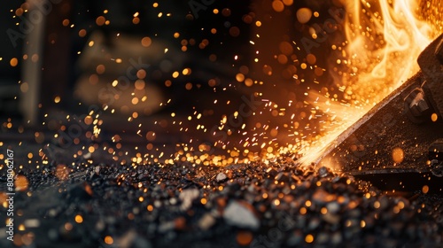 A close-up of a blacksmith's forge with sparks flying and molten metal flowing, rendered in a hyperrealistic photograph with dramatic chiaroscuro lighting photo