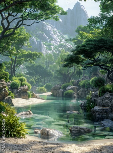 Tranquil Forest Stream in a Lush Green Valley