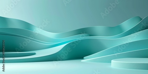 3D rendering of a blue podium with a curved backdrop.