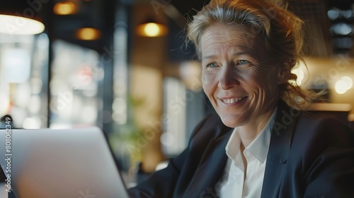 Happy mature business woman entrepreneur in office using laptop at work smiling professional middle aged 40 years old female company executive wearing suit working on computer at workp : Generative AI
