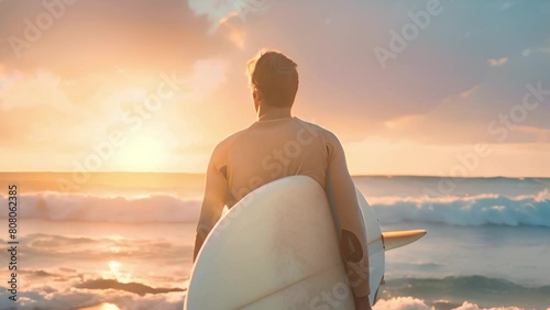 A man stands on the beach holding a surfboard, ready to hit the waves. photo
