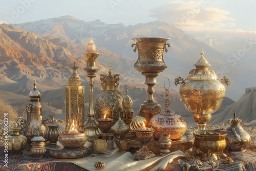Luxury oil lamps on the table in front of mountains photo