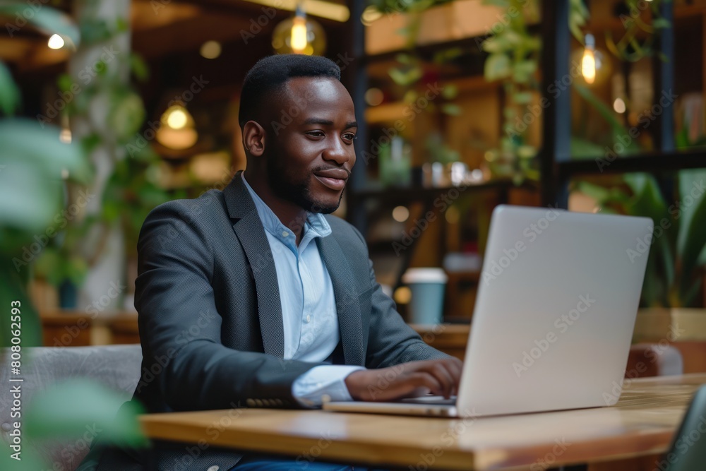 A young African-American professional is sitting in a coffee shop working on his laptop. He is wearing a suit and tie and has a serious expression on his face. A young African-American professional is sitting in a coffee shop working on his laptop. He is wearing a suit and tie and has a serious expression on his face.