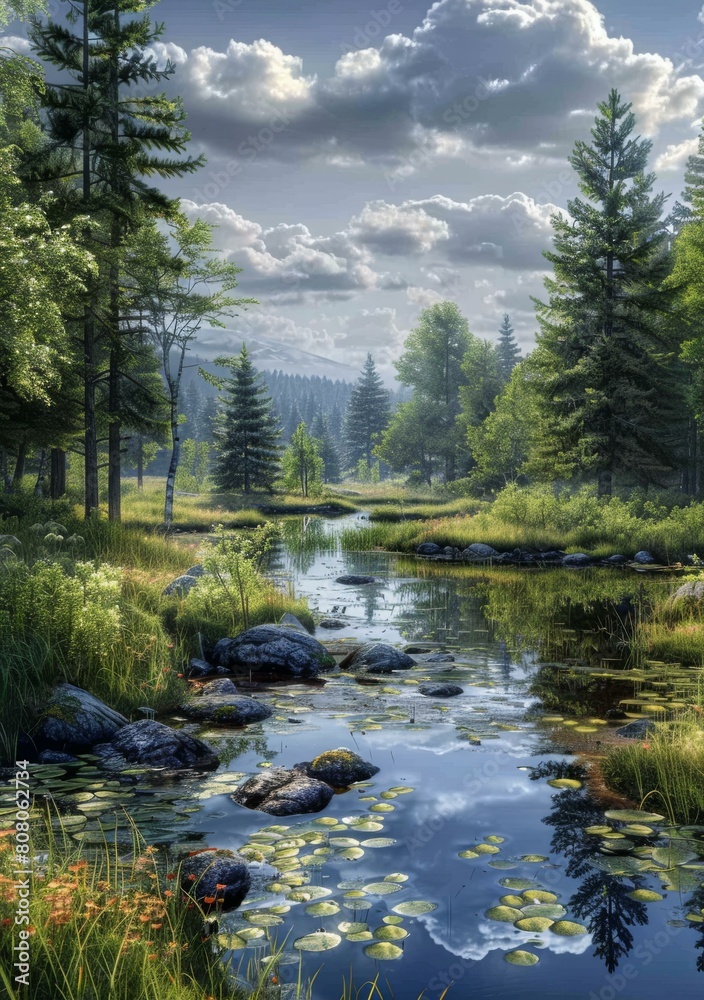 A tranquil forest river with lily pads and green trees A tranquil forest river with lily pads and green trees