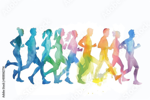 A diverse group of individuals running along a designated route in a marathon race  showcasing determination  strength  and endurance