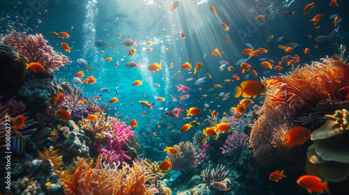 A vibrant coral reef teeming with exotic fish and otherworldly creatures, a mesmerizing underwater paradise.  © iqra