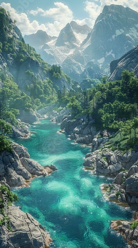 The river flows through the valley between the high mountains