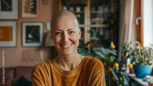 beautiful bald woman with an illness smiling photo