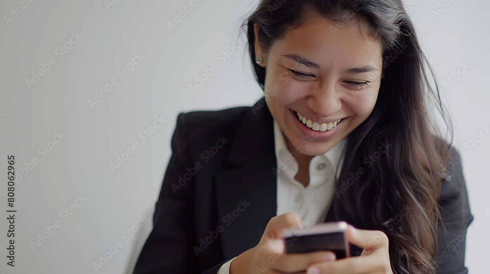 Hispanic businesswoman in formal attire in her office happy and cheerful while using smartphones and working Young businesswoman using apps on cell phones reading news fast connection : Generative AI Hispanic businesswoman in formal attire in her office happy and cheerful while using smartphones and working Young businesswoman using apps on cell phones reading news fast connection : Generative AI