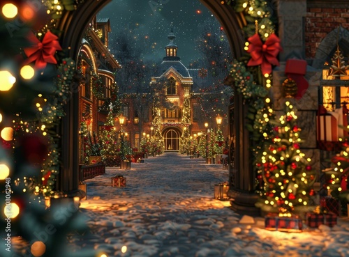 A snowy Christmas street with decorated trees and lights