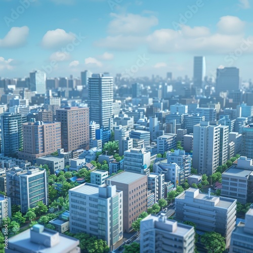A cityscape of a large modern city with many skyscrapers and a blue sky