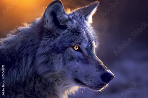Portrait of a wolf in the light of the setting sun