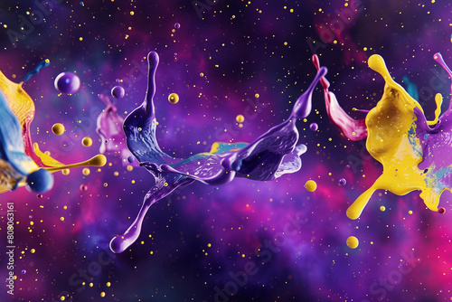 A surreal scene of floating paint splashes in a void, with colors ranging from deep purples to bright yellows, creating a sense of zero gravity and infinite space, 
