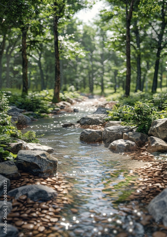 Small river flowing through a dense forest with green foliage and bright sunlight Small river flowing through a dense forest with green foliage and bright sunlight