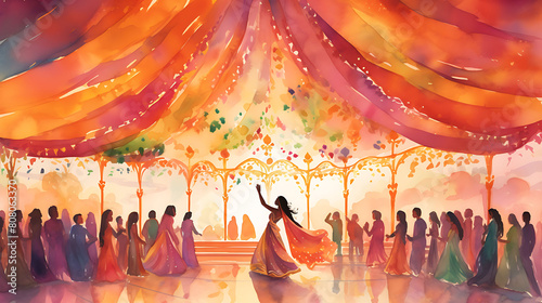Create a watercolor background capturing the vibrant festivities of a traditional Indian wedding, filled with color and joy