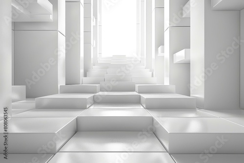 White abstract geometric background with steps going up to a bright light