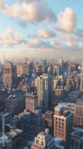 A miniature model of a city with tall buildings and a blue sky