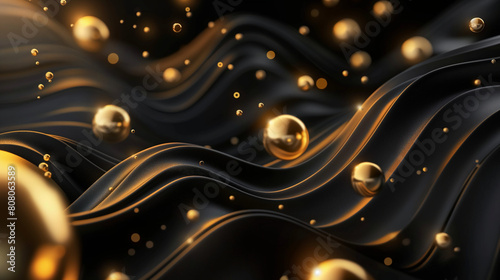 A mesmerizing display of golden swirls and floating spheres exuding luxury and elegance