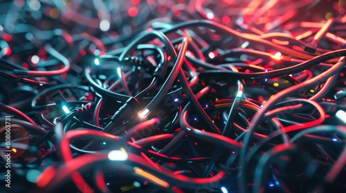 A chaotic pile of computer cables depicted in abstract illustration under soft, diffused lighting. --ar 16:9 Job ID: 7d67b1ca-c8af-4926-9420-c42efd38cd0e photo