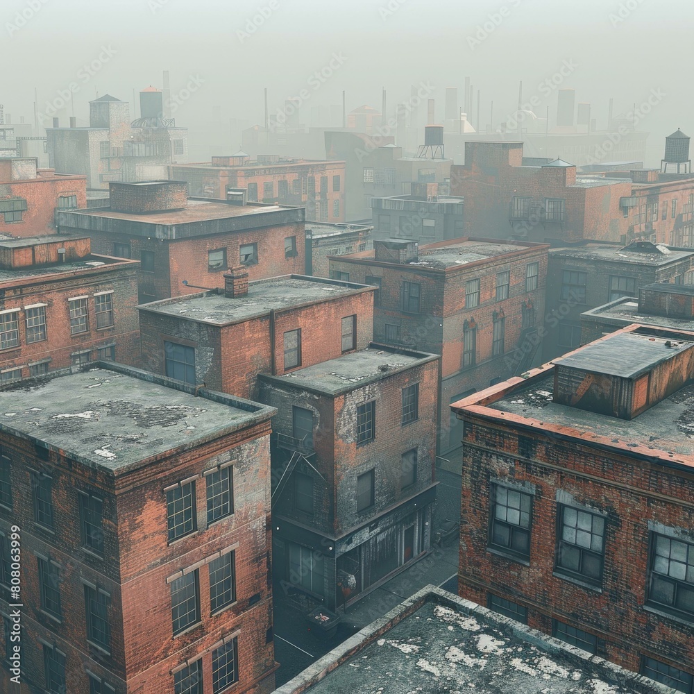 A top view of an abandoned city with brick buildings A top view of an abandoned city with brick buildings
