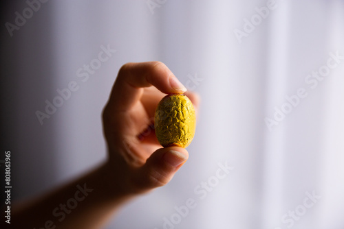 child holding a golden easter egg between their fingers photo