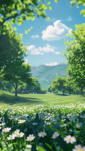 Green Field With White Flowers And Trees