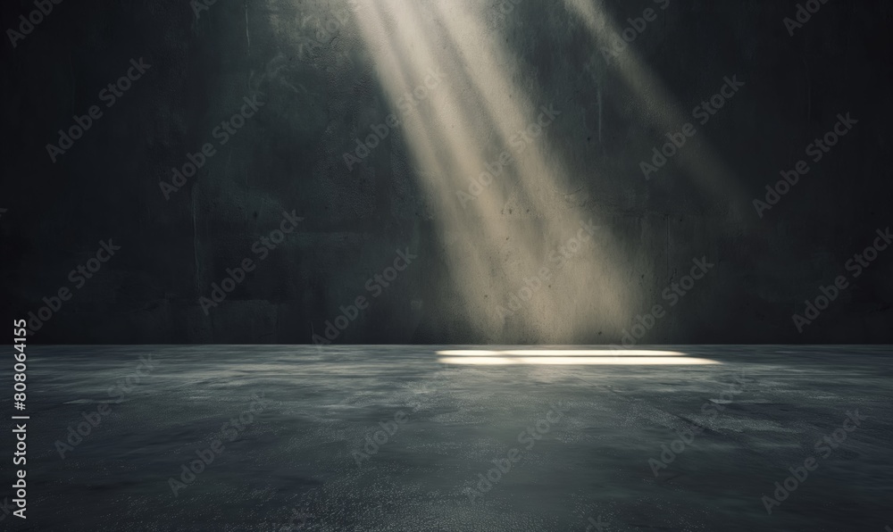 A dark room with a light shining on the floor. The light is coming from a window. The room is empty and has a moody atmosphere, display for product advertising showcase A dark room with a light shining on the floor. The light is coming from a window. The room is empty and has a moody atmosphere, display for product advertising showcase