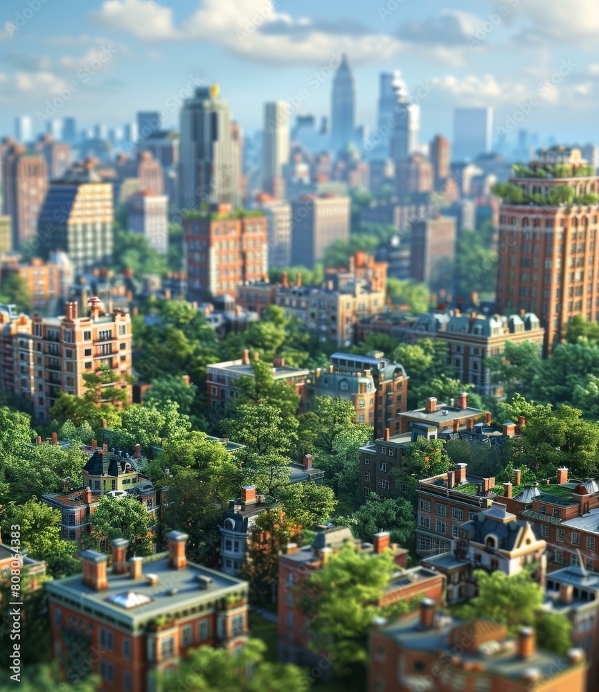 Naklejka premium Small buildings and trees in a big city with a large skyline in the background