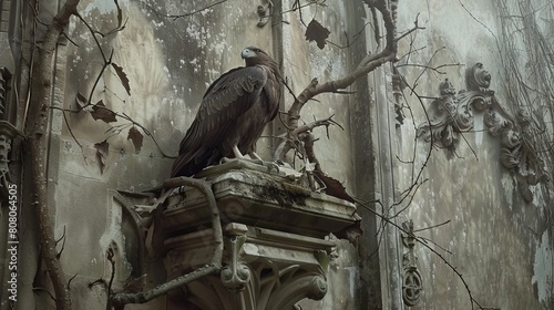 Majestic eagle perched on an ancient gargoyle amidst autumn branches