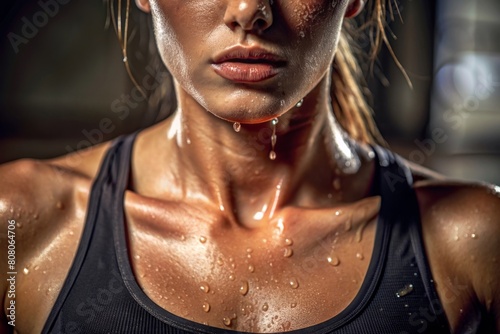 Closeup of wet female throat with water drops or sweat on skin,symptom of panic disorder, lymphoma or obesity, Sweaty asian woman after gym workout photo