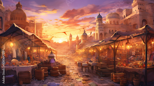 Create a watercolor background depicting a bustling Moroccan souk with spices, textiles, and lanterns under a sunset sky