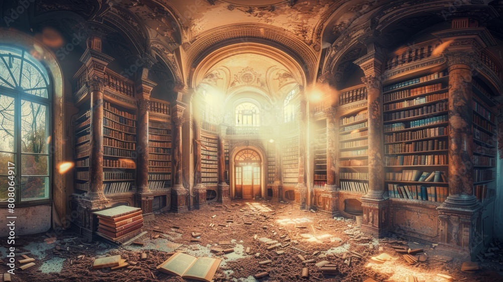 Elegant yet abandoned library with sunlit arches and scattered books