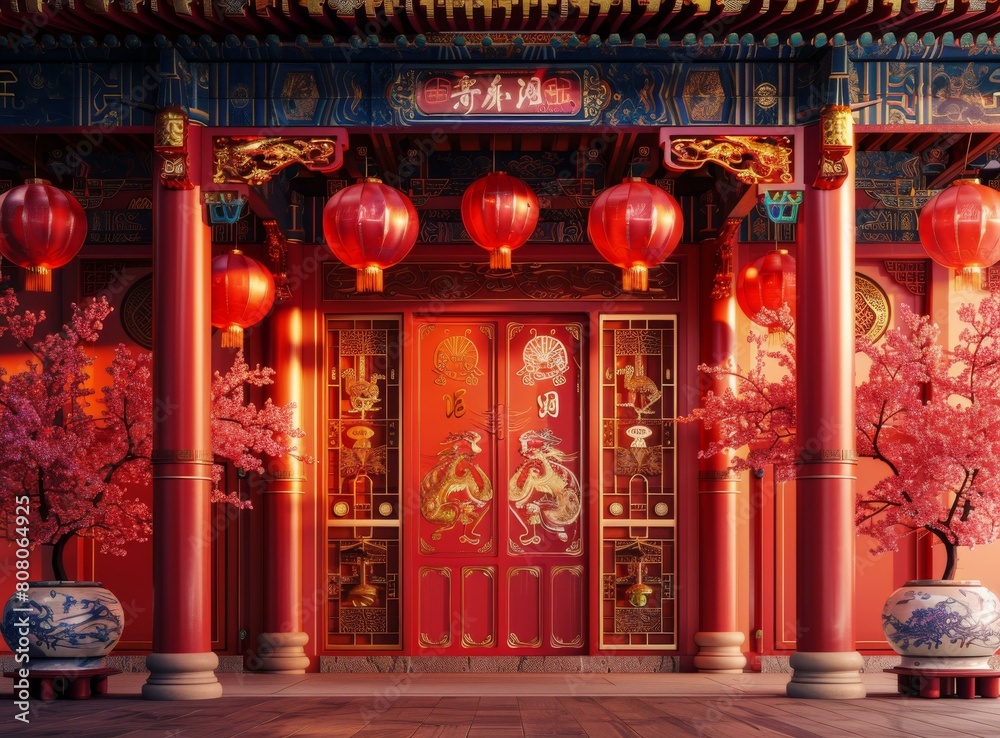 Chinese style architecture with red lanterns and cherry blossom trees