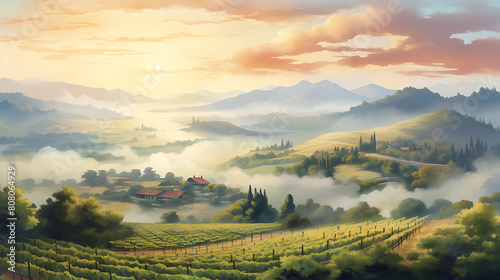 Create a watercolor background depicting an aerial view of a sprawling vineyard at sunrise  with mist rolling over the hills