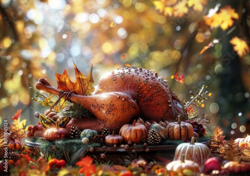 Thanksgiving dinner with roasted turkey, pumpkins, gourds, and fall leaves