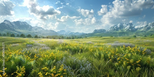 Alpine meadow in full bloom with a mountain range in the distance