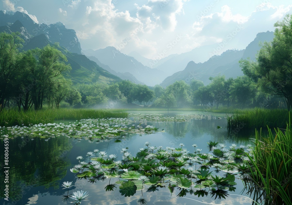 Fototapeta premium Misty Mountains and Serene Lake with White Water Lilies