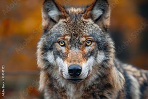 Portrait of a wolf in an autumn forest   Close-up