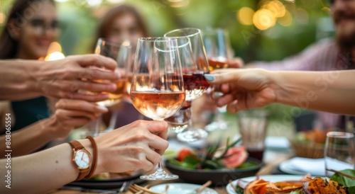 Friends toasting with glasses of wine at a festive outdoor dinner party