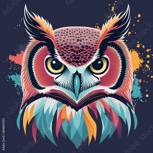 an abstract portrait of an owl, incorporating a double exposure effect with bright, flowing colors resembling paint splashes, enhancing the owl’s mystical aura