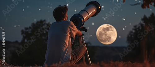 Astronomer or stargazer with a telescope in night sky watching the stars and moon. Astronomy, moonlight, galaxy exploration, silhouette concept. photo