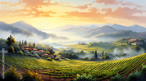 Create a watercolor background depicting an aerial view of a sprawling vineyard at sunrise, with mist rolling over the hills photo