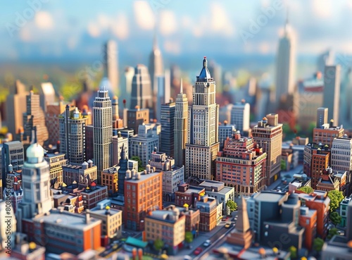 A miniature city with tall buildings and a blue sky