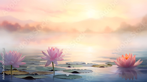 Create a watercolor background depicting a serene lotus pond at sunrise, with soft fog hovering over the water © Sunny