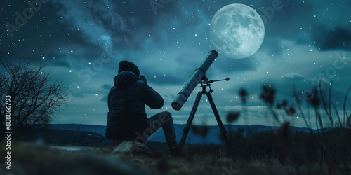 Astronomer or stargazer with a telescope in night sky watching the stars and moon. Astronomy, moonlight, galaxy exploration, silhouette concept. photo