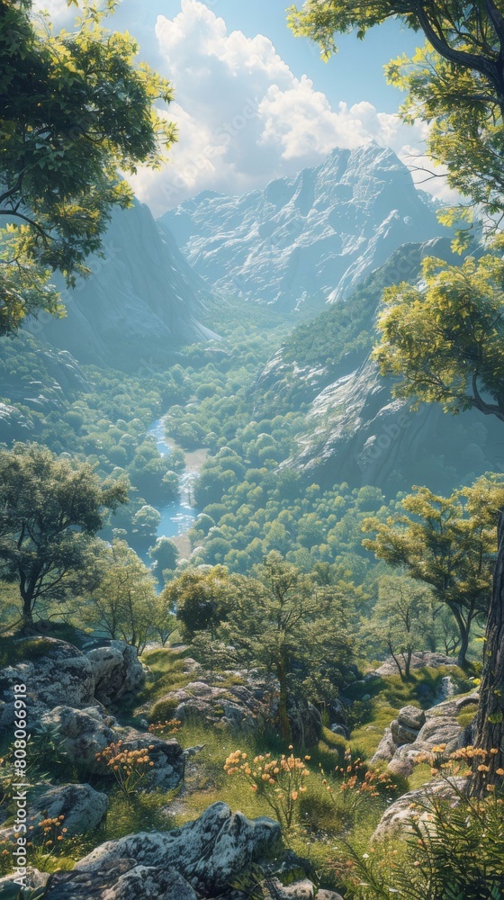 Fantasy landscape with mountains, river and trees Fantasy landscape with mountains, river and trees