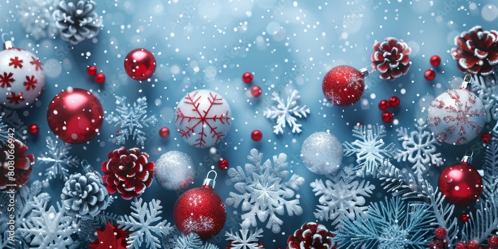 Christmas decorations on blue background with snowflakes and pine cones Christmas decorations on blue background with snowflakes and pine cones