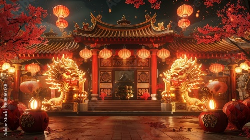 A Chinese courtyard with red lanterns and golden lion statues. photo