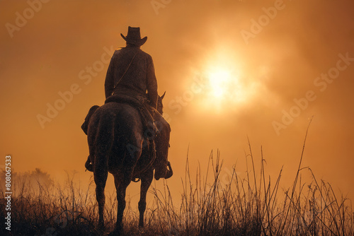 Silhouette of Lone Cowboy Riding Horse at Sunset, Peaceful and Adventurous, Rural Grassland Environment photo